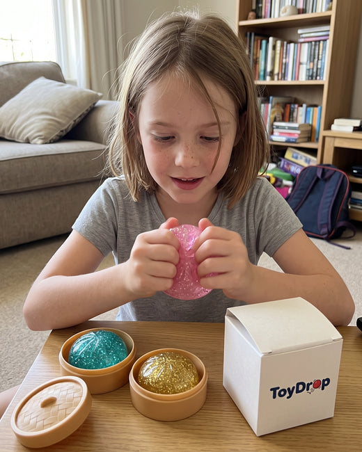 Girl at a coffee table squeezing a pink glitter squishy beside a ToyDrop box
