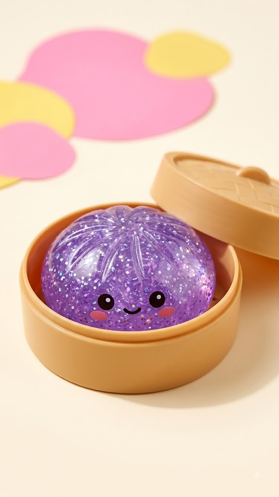 A cute purple glittery pumpkin-shaped squishy toy with a smiling face, resting inside a tan plastic pumpkin-shaped container with its lid off, on a light beige background with pink and yellow paper cutouts.