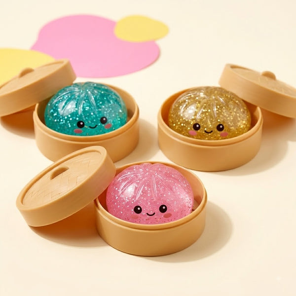 Three glitter dumpling squishy toys in mini steamer boxes on cream background