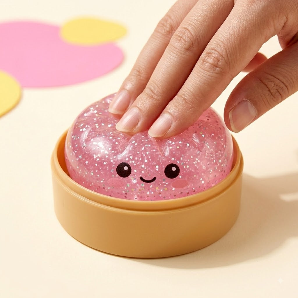 Child squeezing a pink glitter dumpling squishy toy