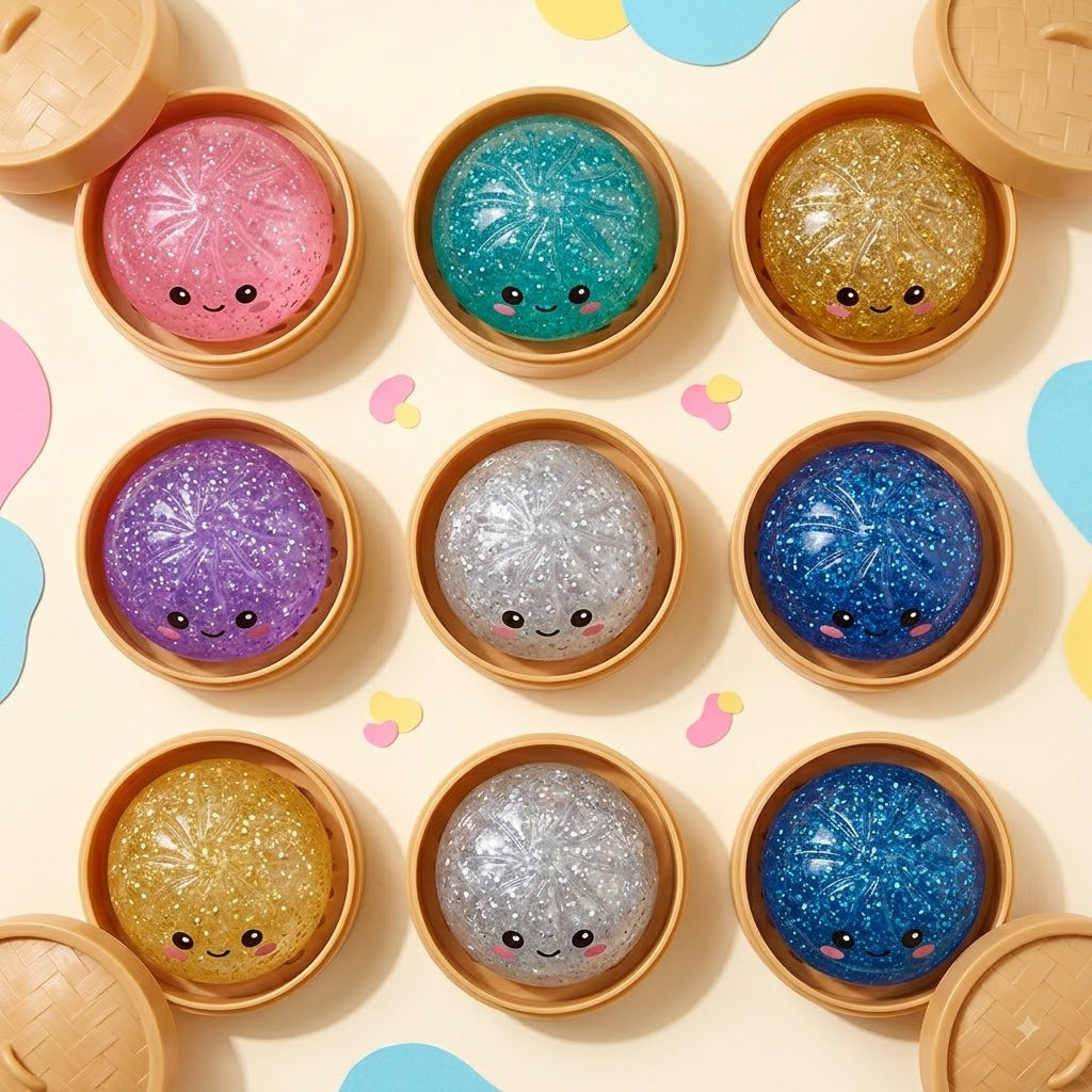Nine glitter dumpling squishies in every colour, flat lay