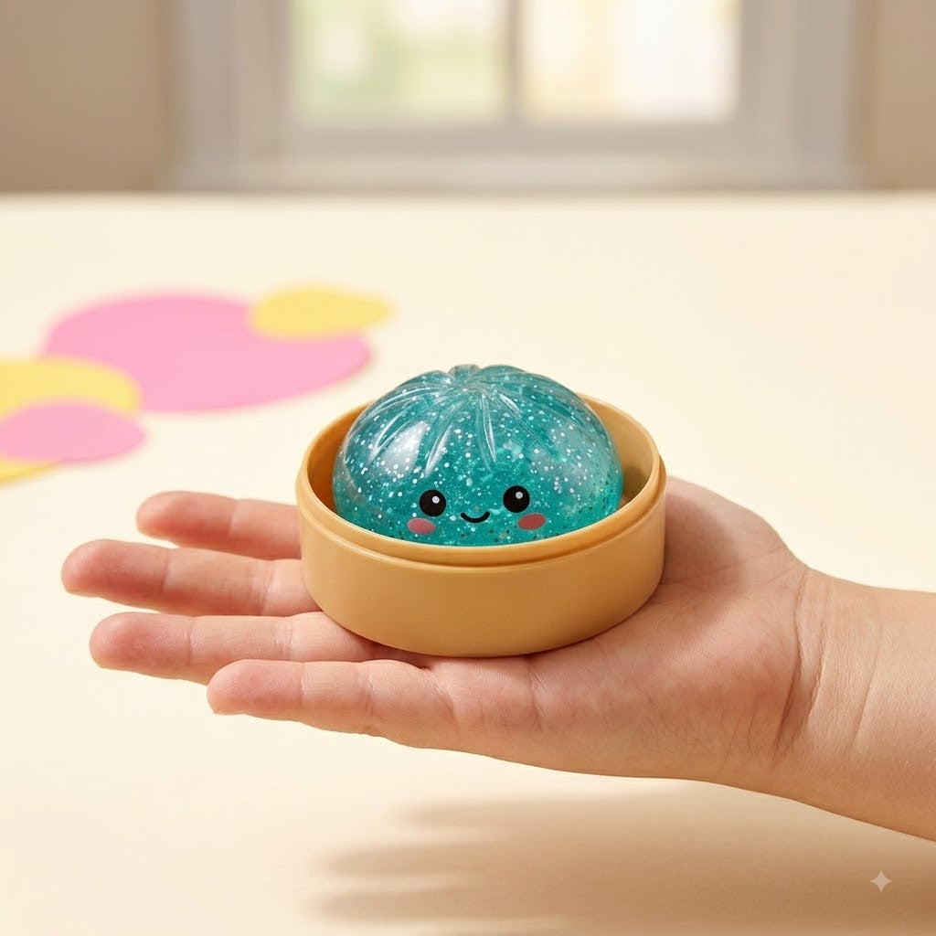 Glitter dumpling squishy in a child's hand showing size