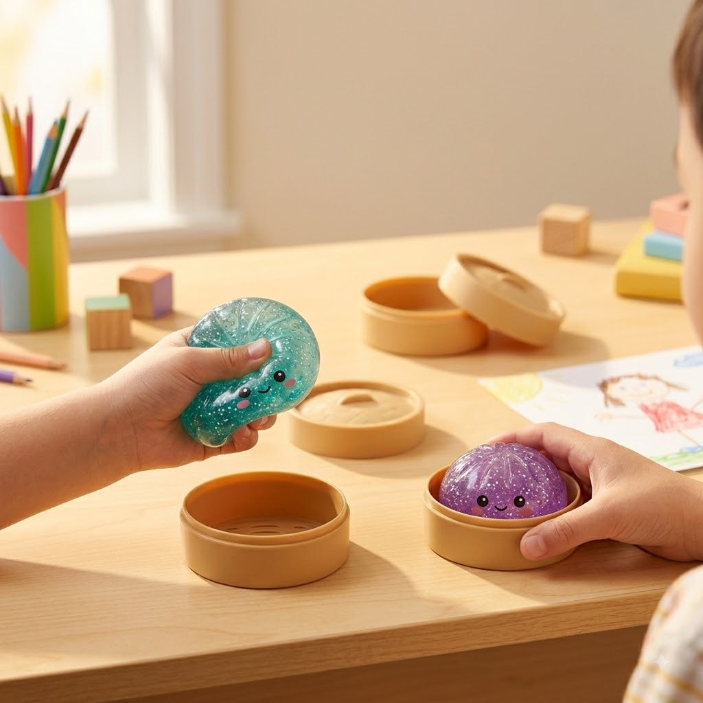 Kids playing with glitter dumpling squishy toys at a desk