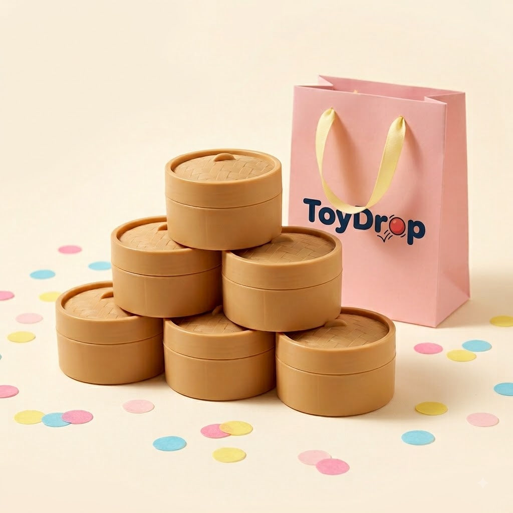 ToyDrop packaging with glitter dumpling squishies on kraft paper