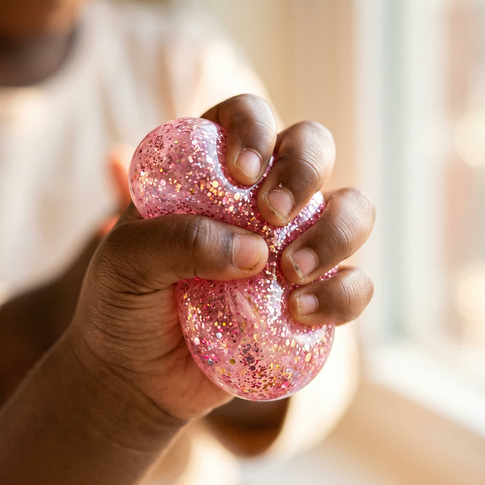 Close-up of a child's hand squeezing a pink glitter squishy
