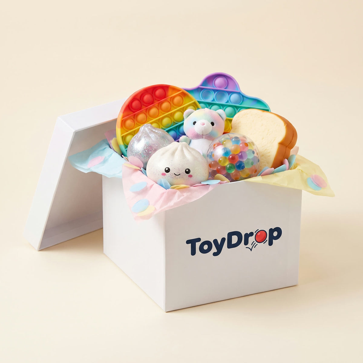 Open white ToyDrop box overflowing with squishies and pastel tissue paper