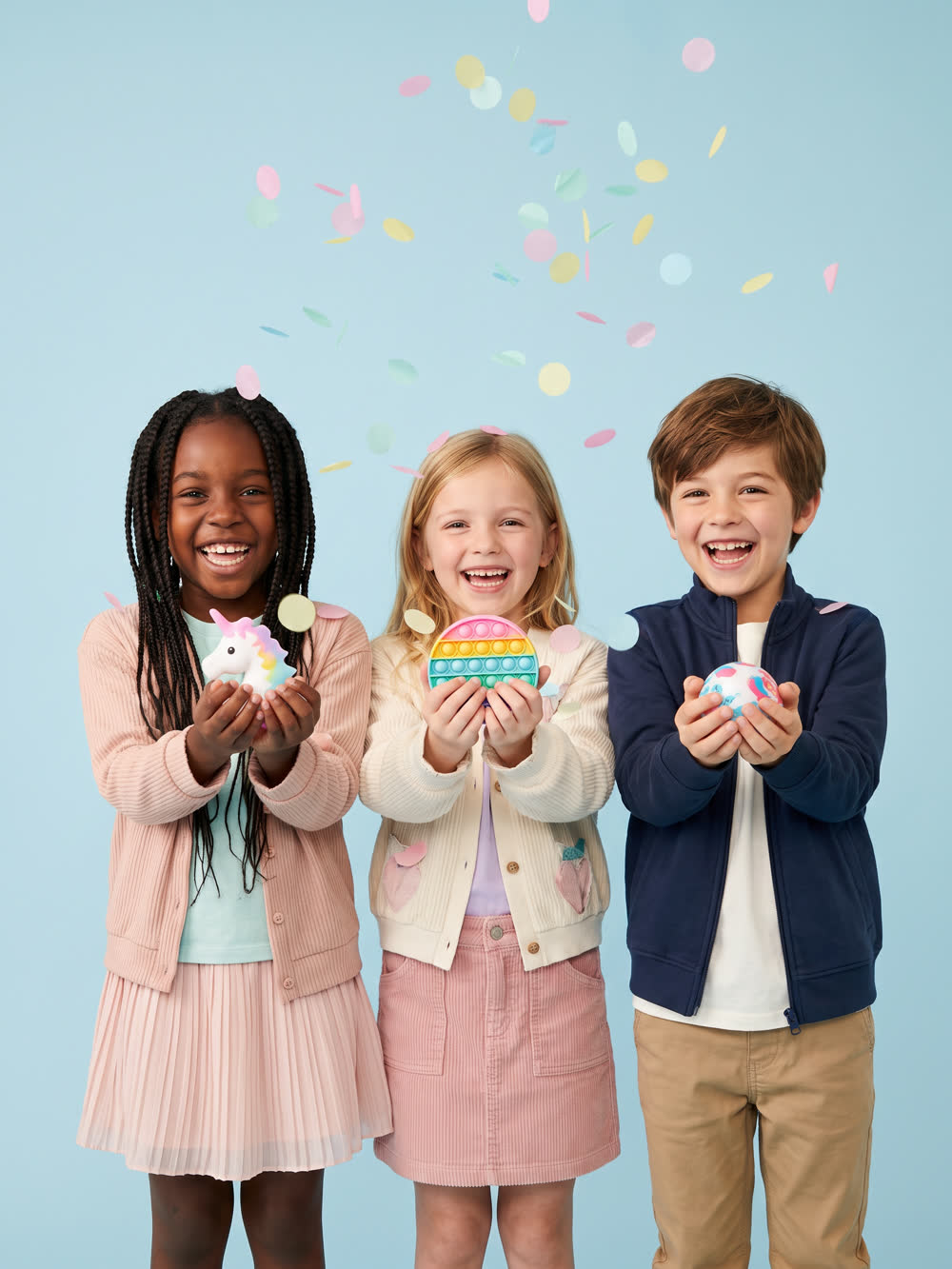 Three children holding squishy toys as confetti falls on a sky blue studio background