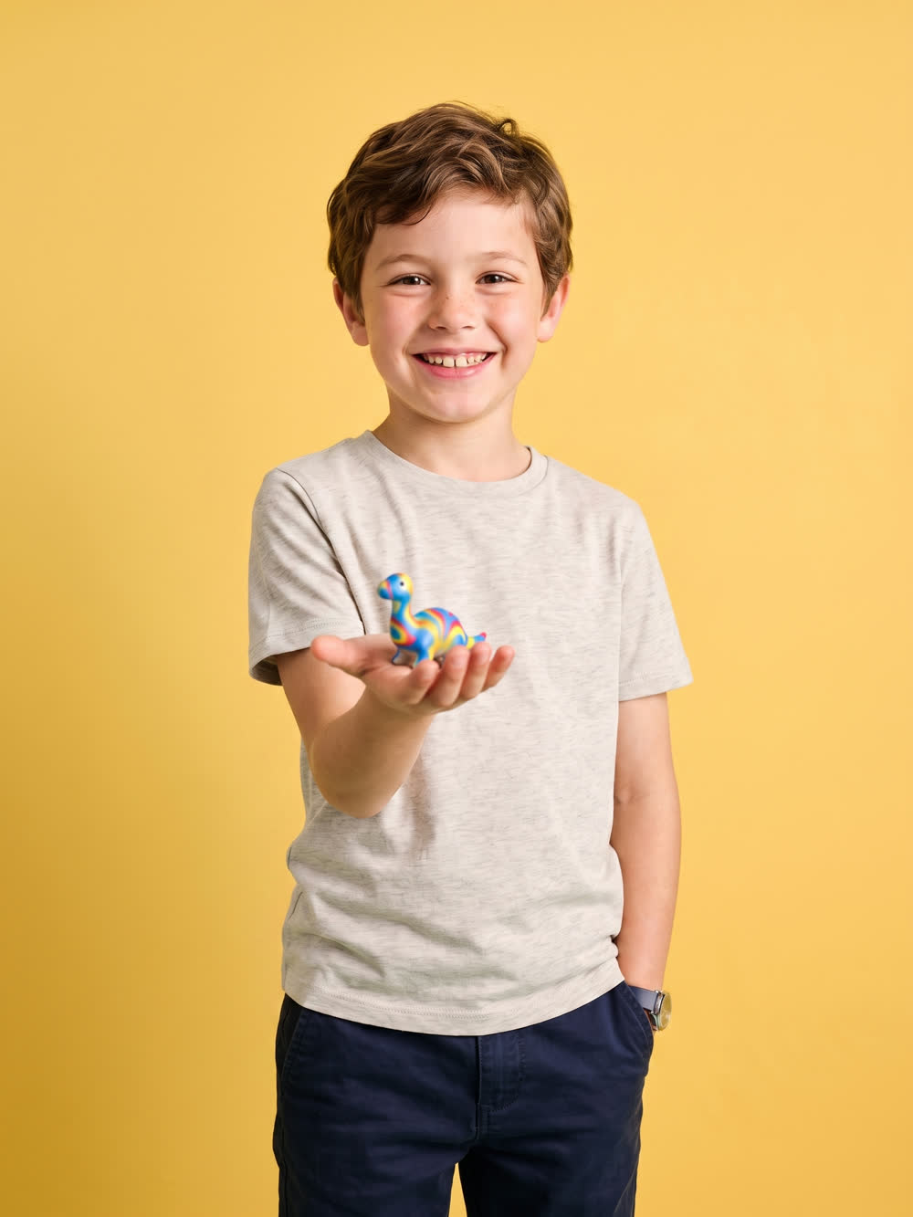 Boy holding a small rainbow dinosaur squishy in his open palm on a yellow studio background