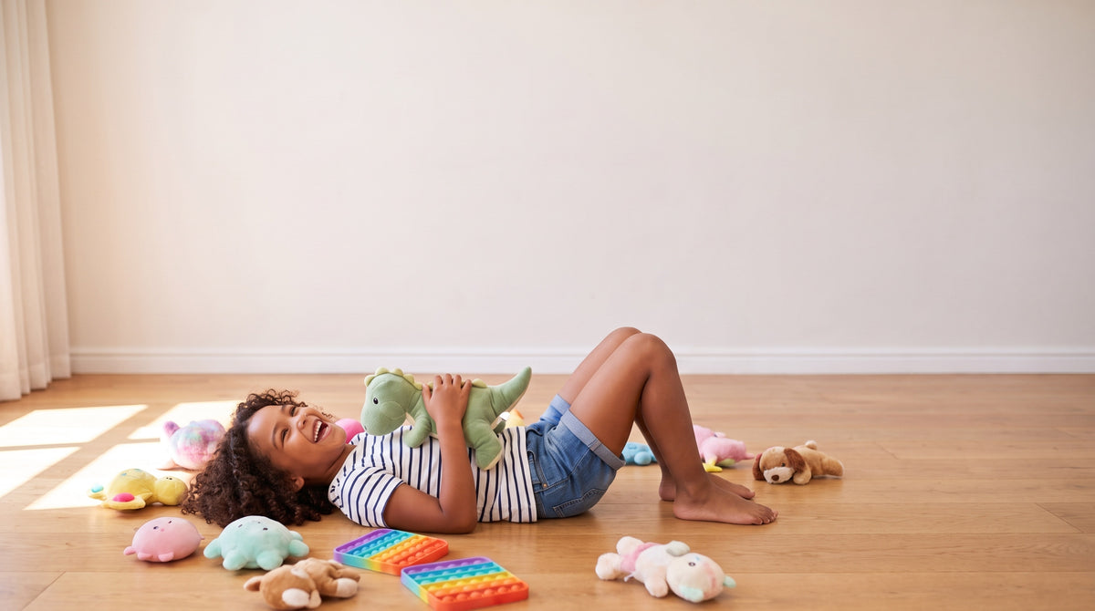 A girl lying on a wooden bedroom floor in front of a pale wall, laughing as she hugs a green dinosaur plush, with plushies, squishies and pop-its spread around her